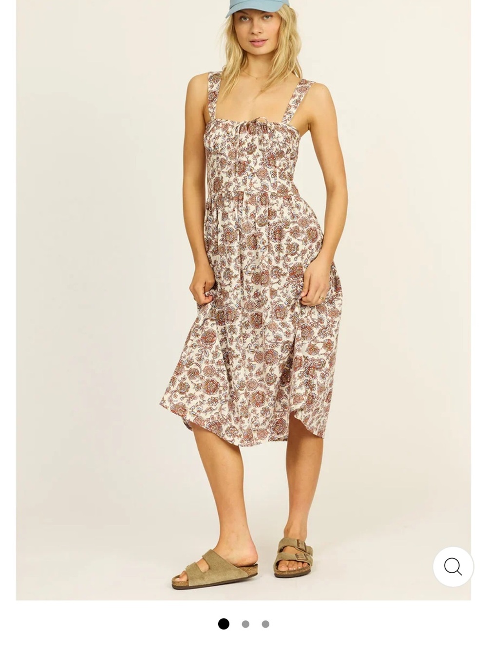 Smocked Midi Dress in Cream with Brown Floral Print